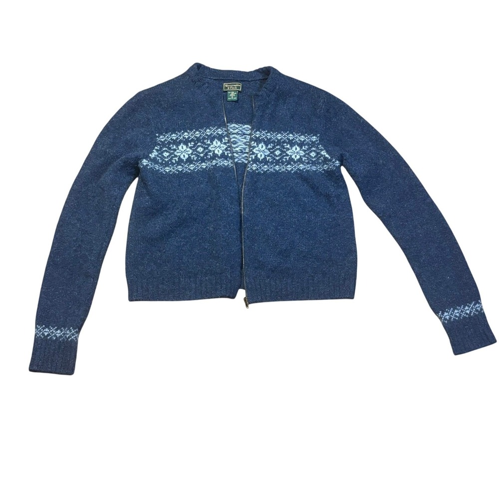 VTG Abercrombie Fitch Womens Blue Fair Isle Shetland Wool‎ Zip Up Sweater Size M